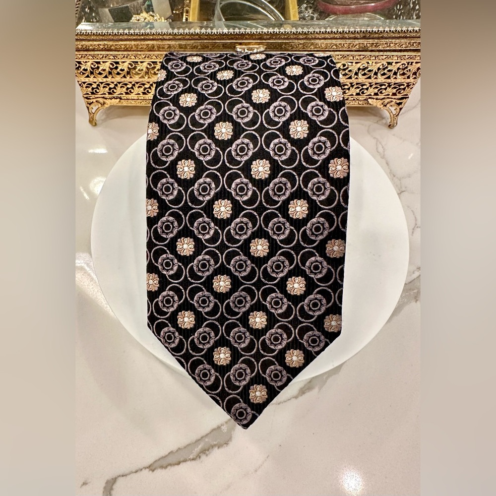 Michael Brandon - Black/Orange/Gray Scrollwork/Medallion Print Silk Tie - EUC